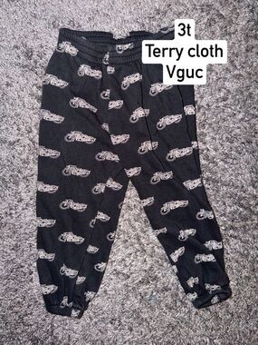 kate quinn Black Terry Cloth Pants with White Motorcycle Print